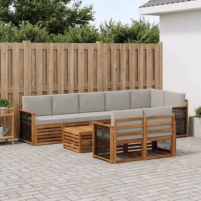 Set di divani da esterno a L con tavolino vidaXL, 8 pezzi in legno di acacia marrone e grigio chiaro con cuscini inclusi