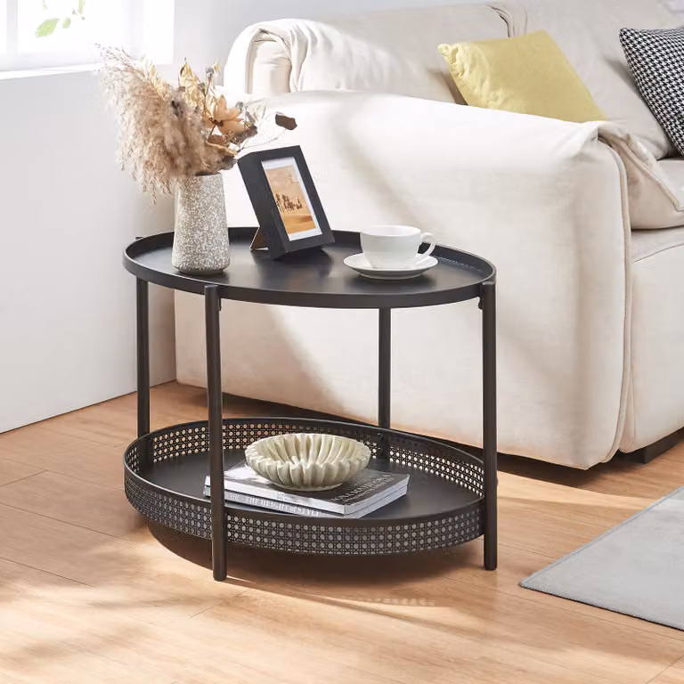 Tavolino 'Jäller' ovale in metallo effetto rattan 66 x 51 x 44 cm Nero