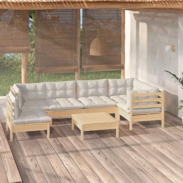 Set Salotto da Giardino 7pz con Cuscini Crema in Legno di Pino 3096424