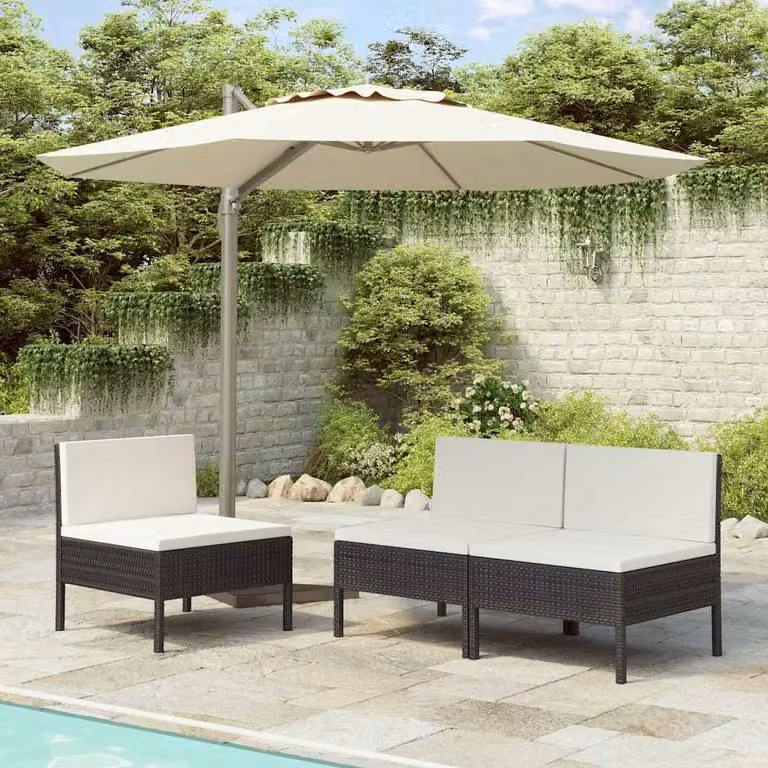 Set di 3 sedie da giardino vidaXL in polyrattan con cuscini, colore nero e bianco