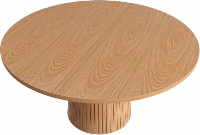 Tavolo da pranzo rotondo 110 cm stile country con piano MDF impiallacciato in quercia e base cilindrica con struttura metallica