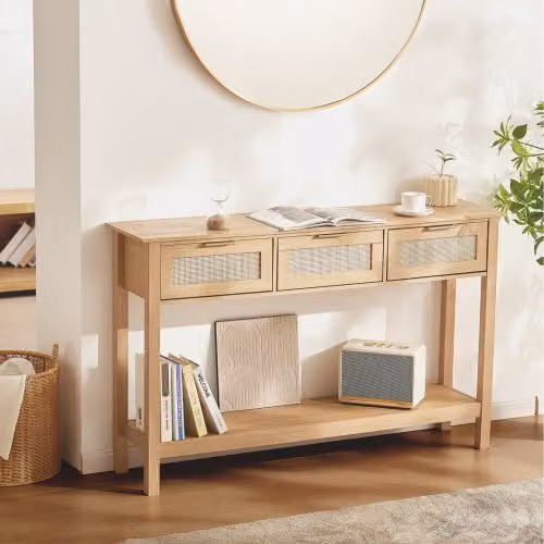 VEVOR Tavolo Consolle in Rattan con 3 Cassetti, Mobile da Ingresso o Soggiorno in Stile Scandinavo, Colore Beige, L/P/H: 81.5 x 30 x 30 cm