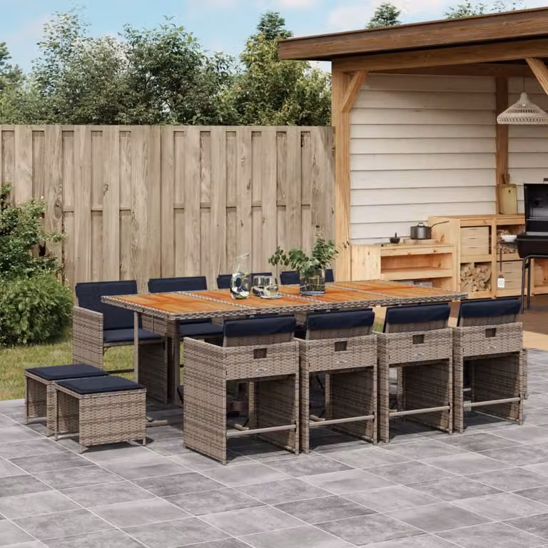Set da pranzo da giardino vidaXL in polyrattan e legno di acacia da 13 pezzi con cuscini, colore grigio, marrone o blu