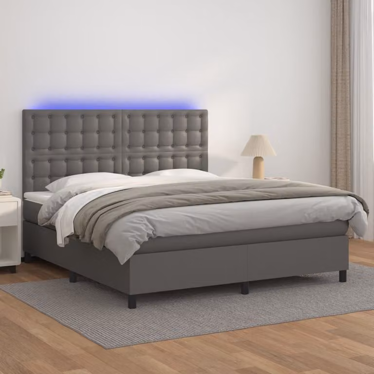 vidaXL Letto con Giroletto a Molle, Materasso Ibrido e Illuminazione LED, Grigio, L/P/H: 160 x 200 x 128 cm