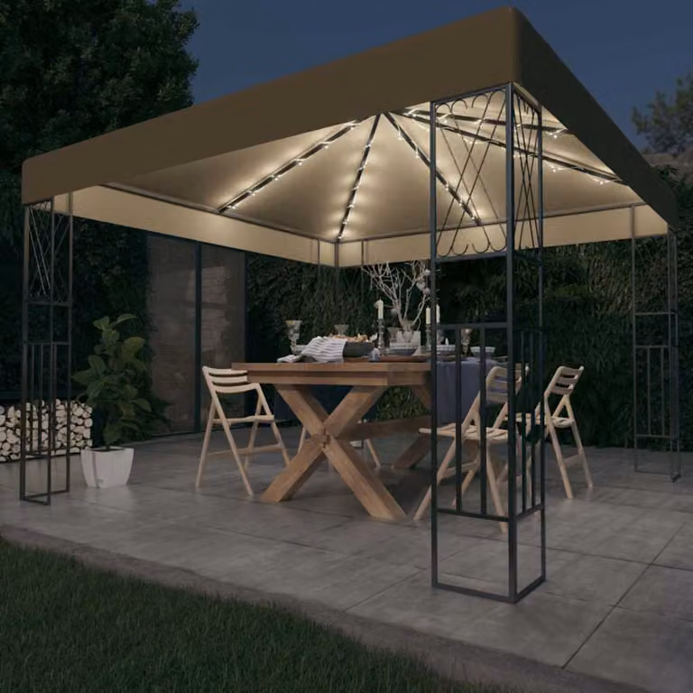 vidaXL Gazebo con Luci a Stringa LED in Tessuto Grigio Talpa, L: 300 cm, P: 300 cm, H: 260 cm
