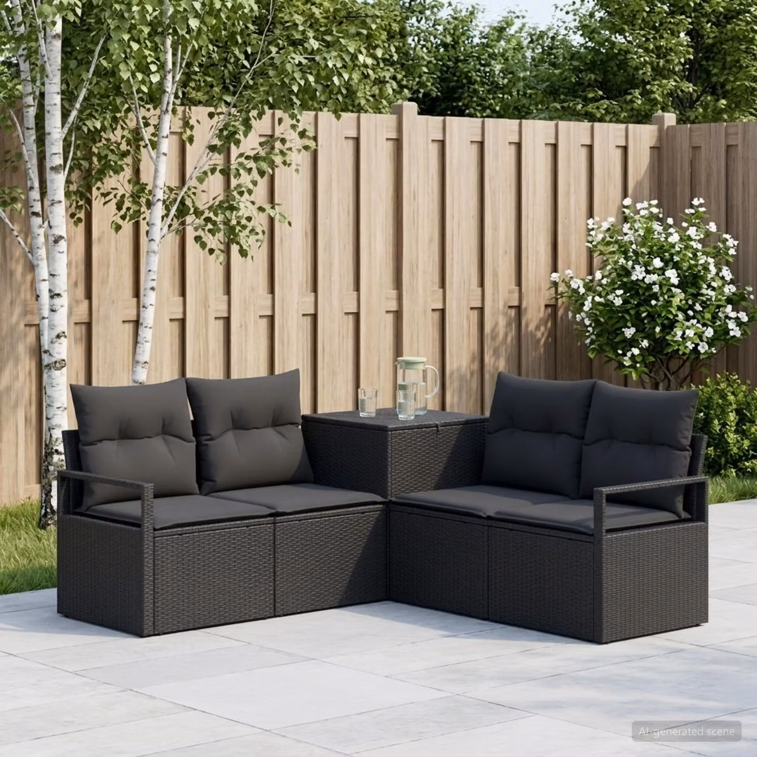 Set di divani da giardino vidaXL a forma di L con poltrona e divano a 2 posti, in rattan sintetico e metallo, colore nero con cuscini inclusi