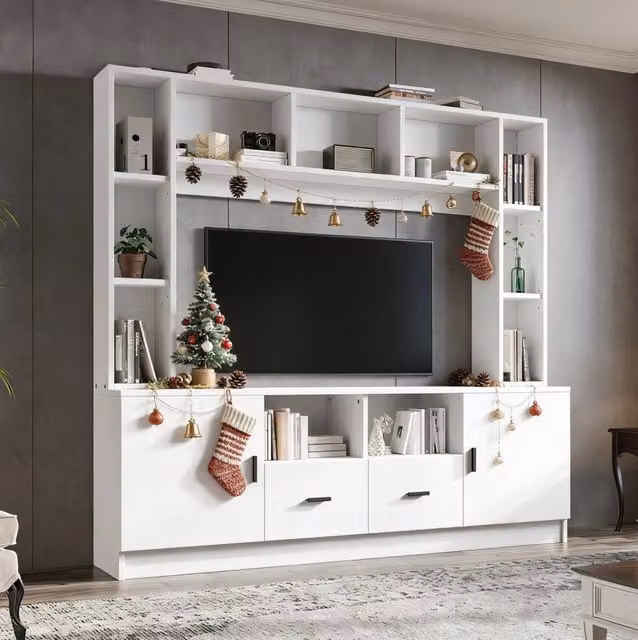 Set di mobili TV con 2 armadietti; 2 cassetti e 11 vani; 180 x 35 x 170 cm; bianco