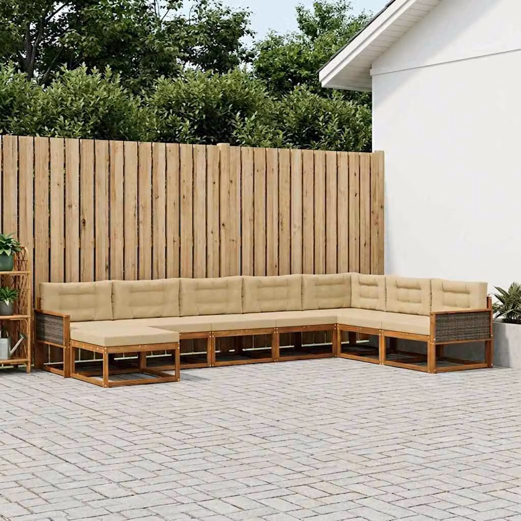 Set di divani da esterno vidaXL a forma di U in legno di acacia con pouf e cuscini, Beige e Marrone