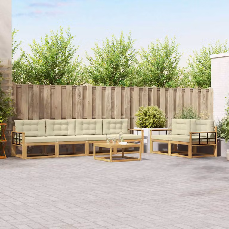 Set di divani da esterno vidaXL a forma di L composto da 6 pezzi in legno di acacia con cuscini, colore bianco e beige