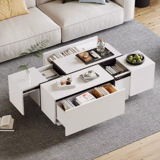 Tavolino da salotto quadrato bianco con 4 cassetti, piano superiore lucido, 100 x 60 x 40 cm, design moderno bianco e nero