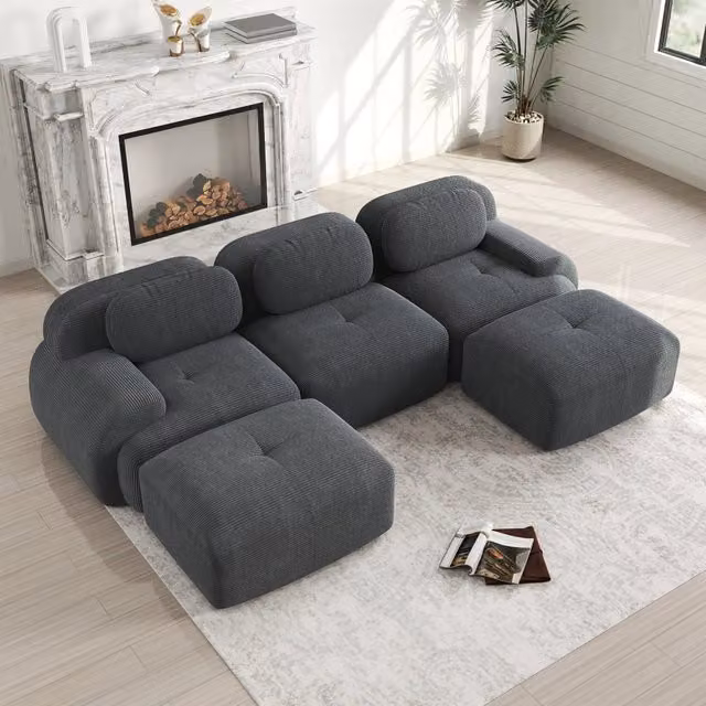 Divano modulare a U in velluto a coste grigio 3 posti 298x178x70 cm senza struttura