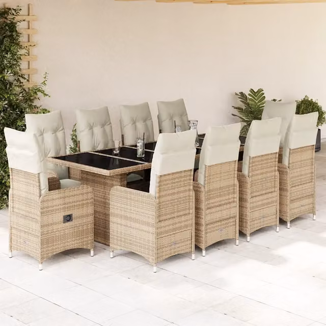 Set Bistrò da Giardino vidaXL 11 pz in Polyrattan Beige e Bianco con Cuscini e Tavolo in Vetro