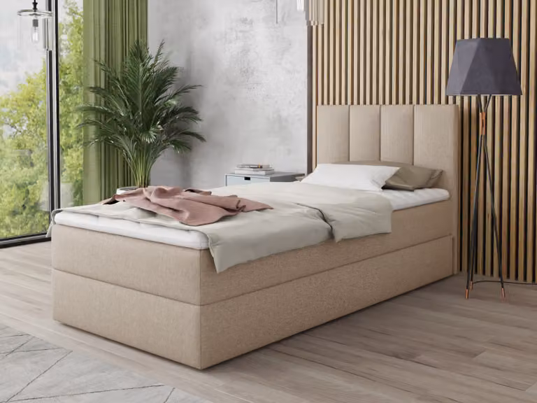 Letto boxspring Star Mini con contenitore, materasso Bonell e coprimaterasso - Letto singolo con coprimaterasso, letto imbottito, letto, camera da letto, camera dei ragazzi (Beige (Inari 22), 100 x 200 cm)