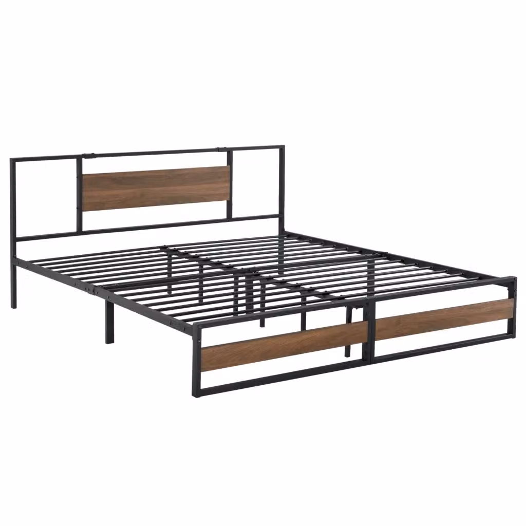 Struttura Letto Matrimoniale Villach King Size en Acciaio e MDF en.casa, Colore Nero e Effetto Noce, L/P: 180 x 200 cm – 2