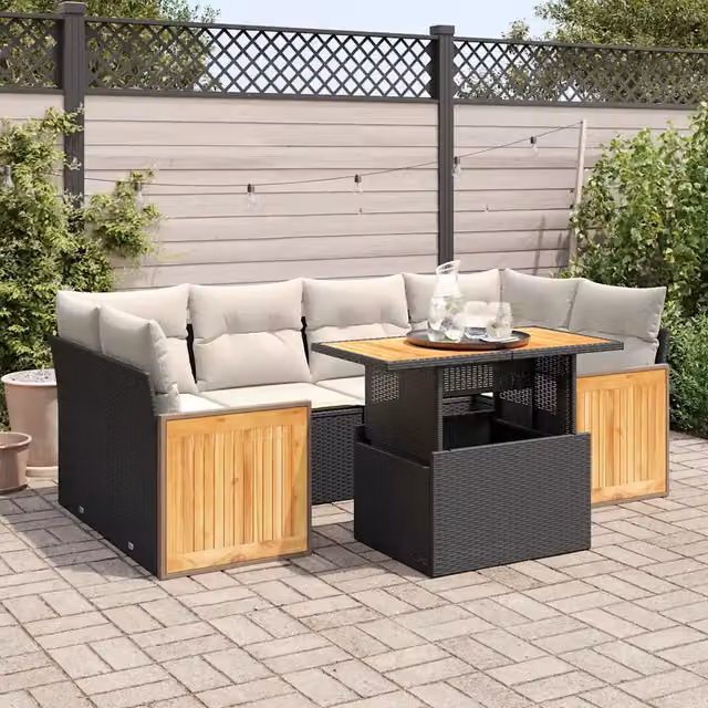 Set Divani da Giardino con Cuscini 7pz Nero Polyrattan Acacia 3327675