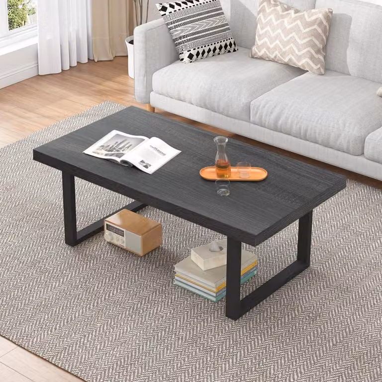 Tavolino da divano in stile industriale, color grigio scuro, 100 cm, legno e metallo, forma rettangolare