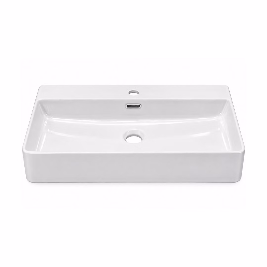 Lavabo da appoggio rettangolare in Vetroceramica bianca, dimensioni 59 x 44 cm, con foro per rubinetto, ideale per bagni per ospiti