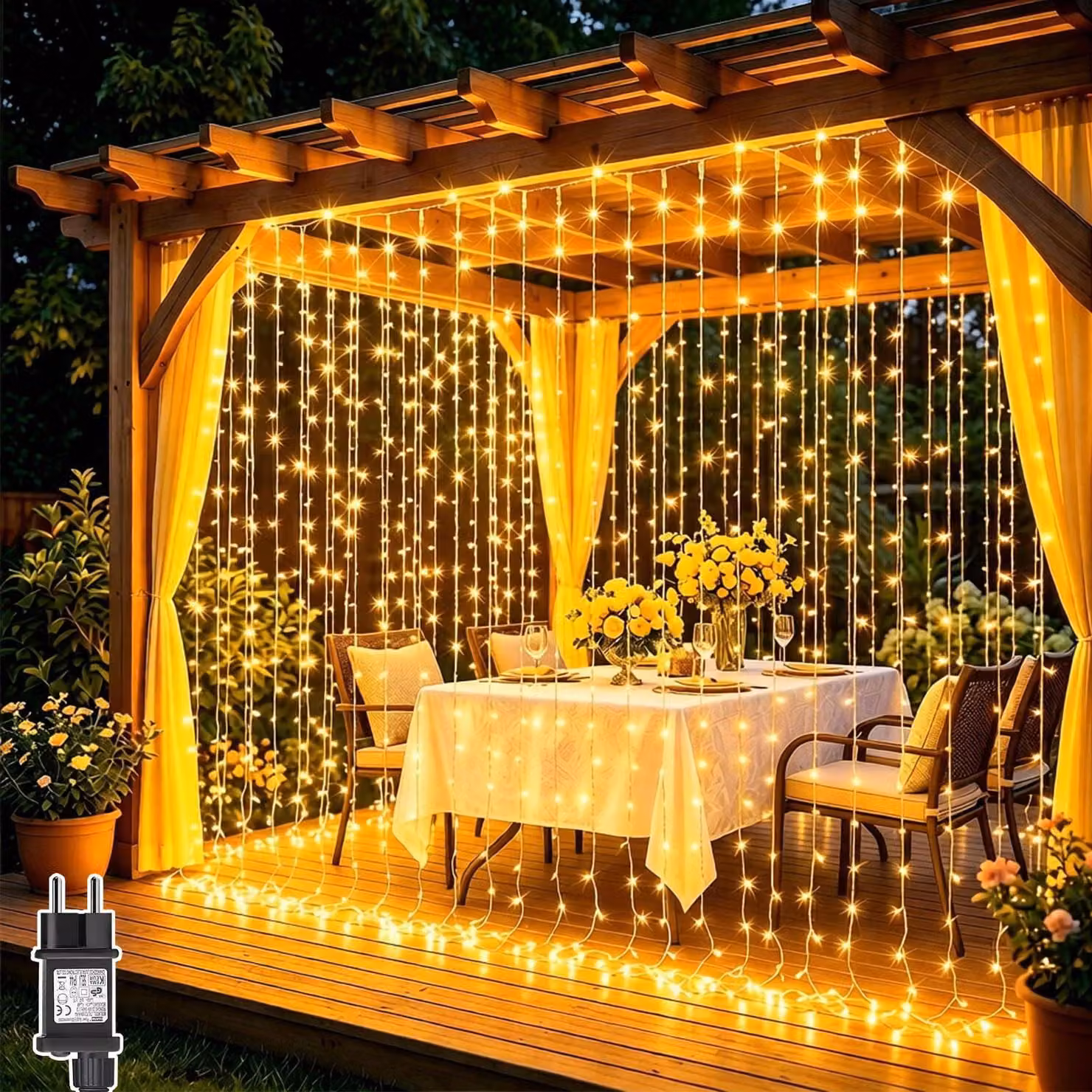 Tenda luminosa a LED, dimensioni 3x3 metri, 300 LED bianco caldo, 8 modalità, timer, grado di protezione IP65