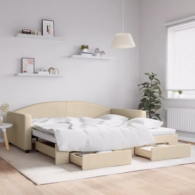 Divano Letto Estraibile con Cassetti-Sofa Letto-Daybed Crema 100x200cm in Tessuto 970099