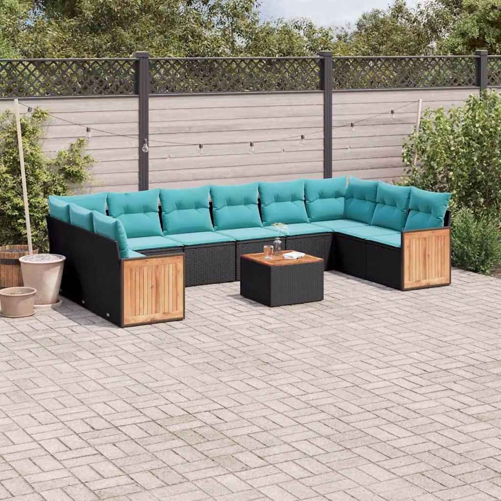 Set di divani da giardino vidaXL in polyrattan nero con cuscini, tavolino e struttura in legno di acacia, design moderno a forma di U per esterno