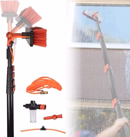 Spazzola per automezzi e esterno con estensione telescopica e sprinkler per acqua 4,6 m | Spazzola multifunzionale per pulizia automezzi e esterno
