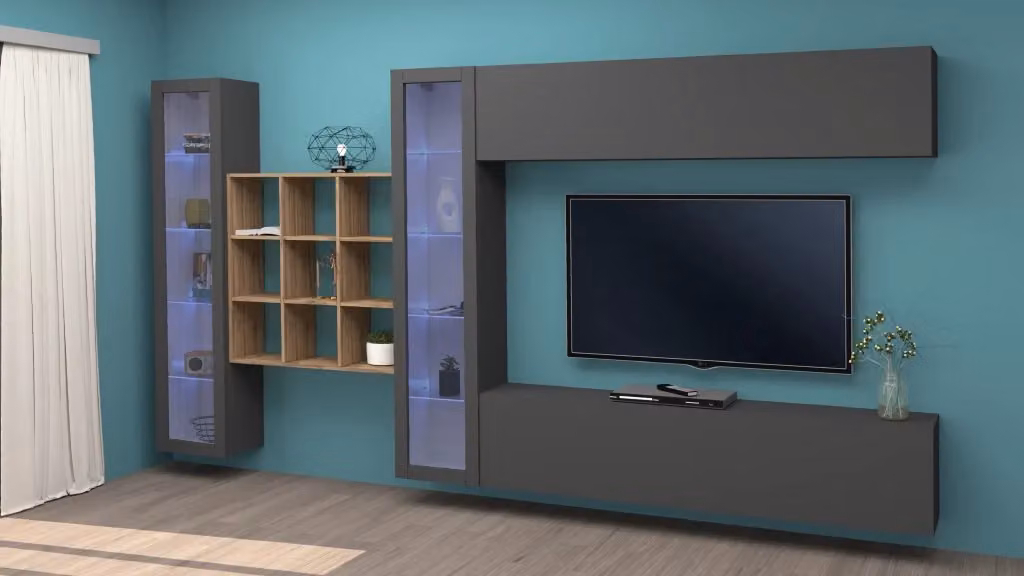 Parete attrezzata moderna Shopinnotivo Eron RT in antracite e rovere con vetrine e illuminazione integrata – 2