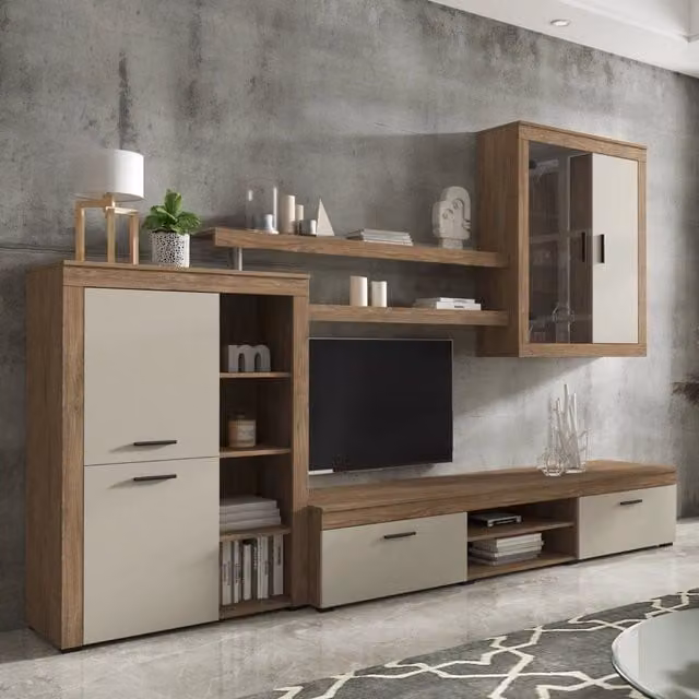 Parete Attrezzata per Soggiorno DMORA con Mobile TV e Vetrina, Design Moderno in Rovere Marrone Opaco – 1