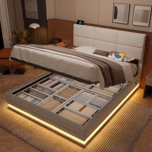 Letto contenitore imbottito 140 x 200 cm; contenitore con sollevamento idraulico; testiera regolabile; LED; USB/Type-C; velluto; beige