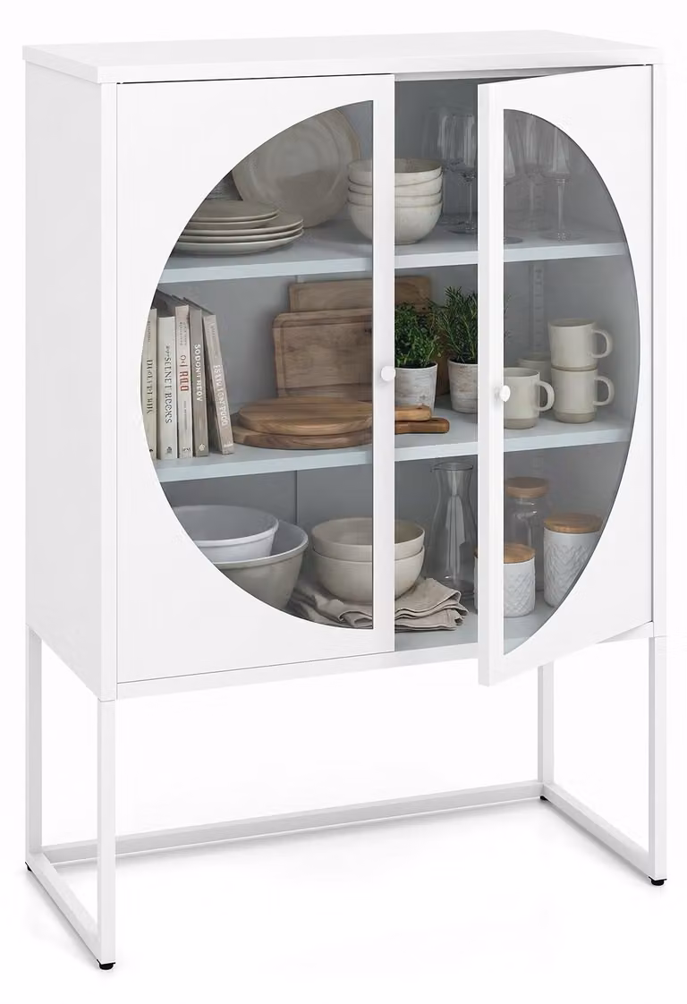 Mobiletto contenitore in metallo COSTWAY, 85 cm, ideale come credenza per la sala da pranzo, con 2 ante in vetro temperato, ripiano regolabile e gambe in metallo rialzate, colore bianco