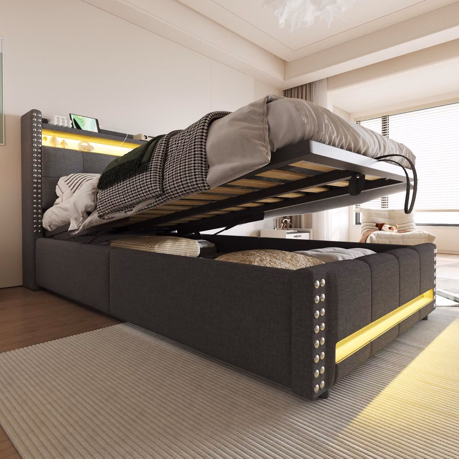 Letto imbottito STILVORA 90x200 con contenitore, letto boxspring con illuminazione a LED e presa USB, struttura letto senza materasso, tessuto di lino, grigio