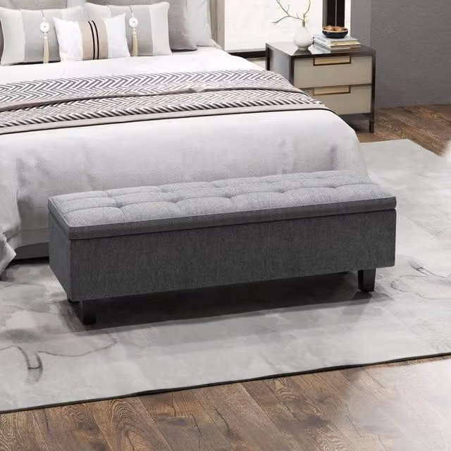 Panca contenitore imbottita OKWISH in lino grigio scuro con piedini in legno di caucciù L/P/H: 138 x 40 x 45 cm – 1