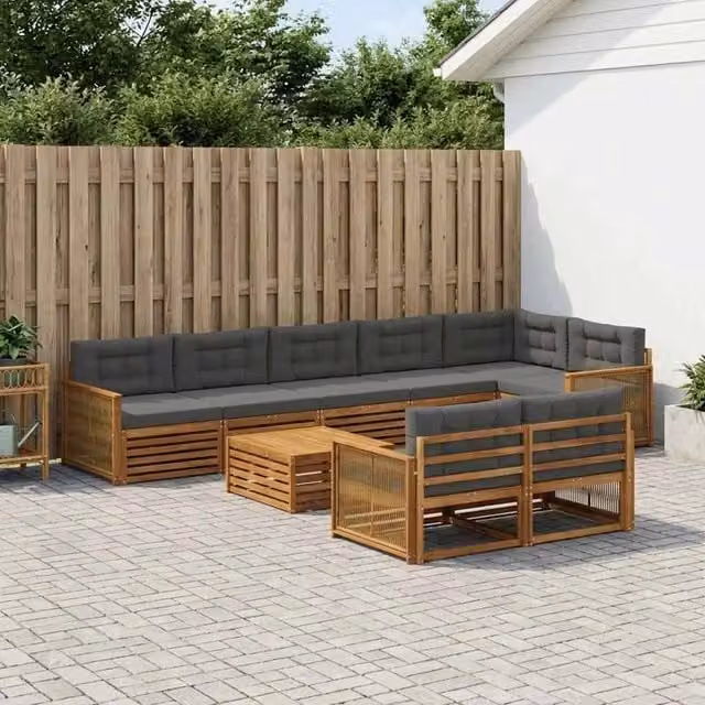 Set di divani da esterno a forma di U vidaXL in legno di acacia con cuscini grigi, 9 pezzi