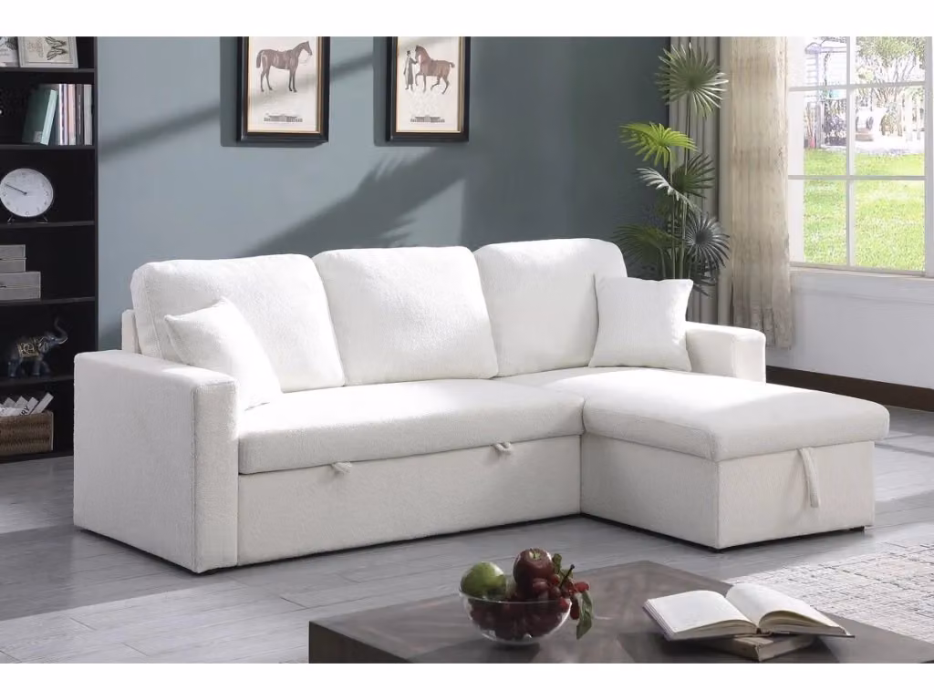 Divano angolare trasformabile e reversibile Alain con cassapanca, 3 posti, tessuto boucle bianco, struttura in legno massiccio, L/P/H: 210 x 145 x 82 cm – 2
