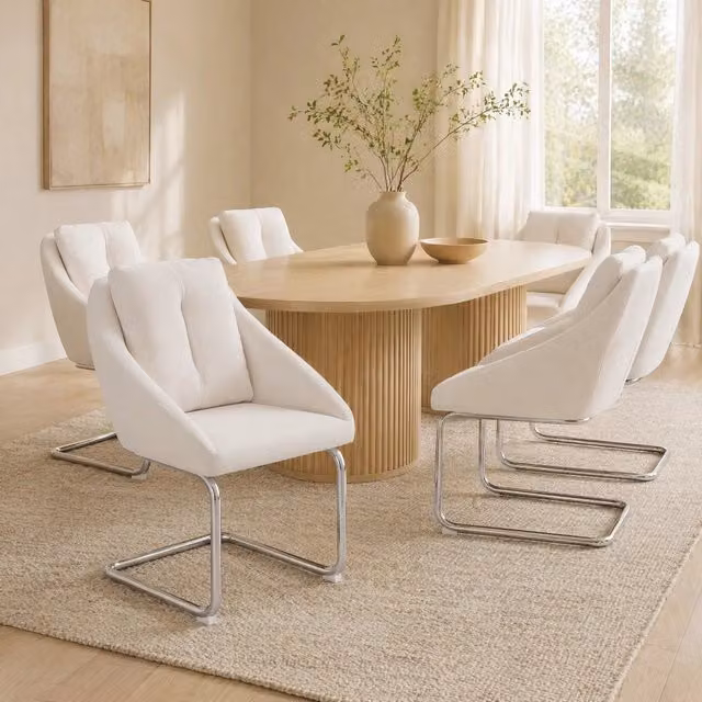 Set di 6 sedie imbottite in velluto beige con struttura in metallo