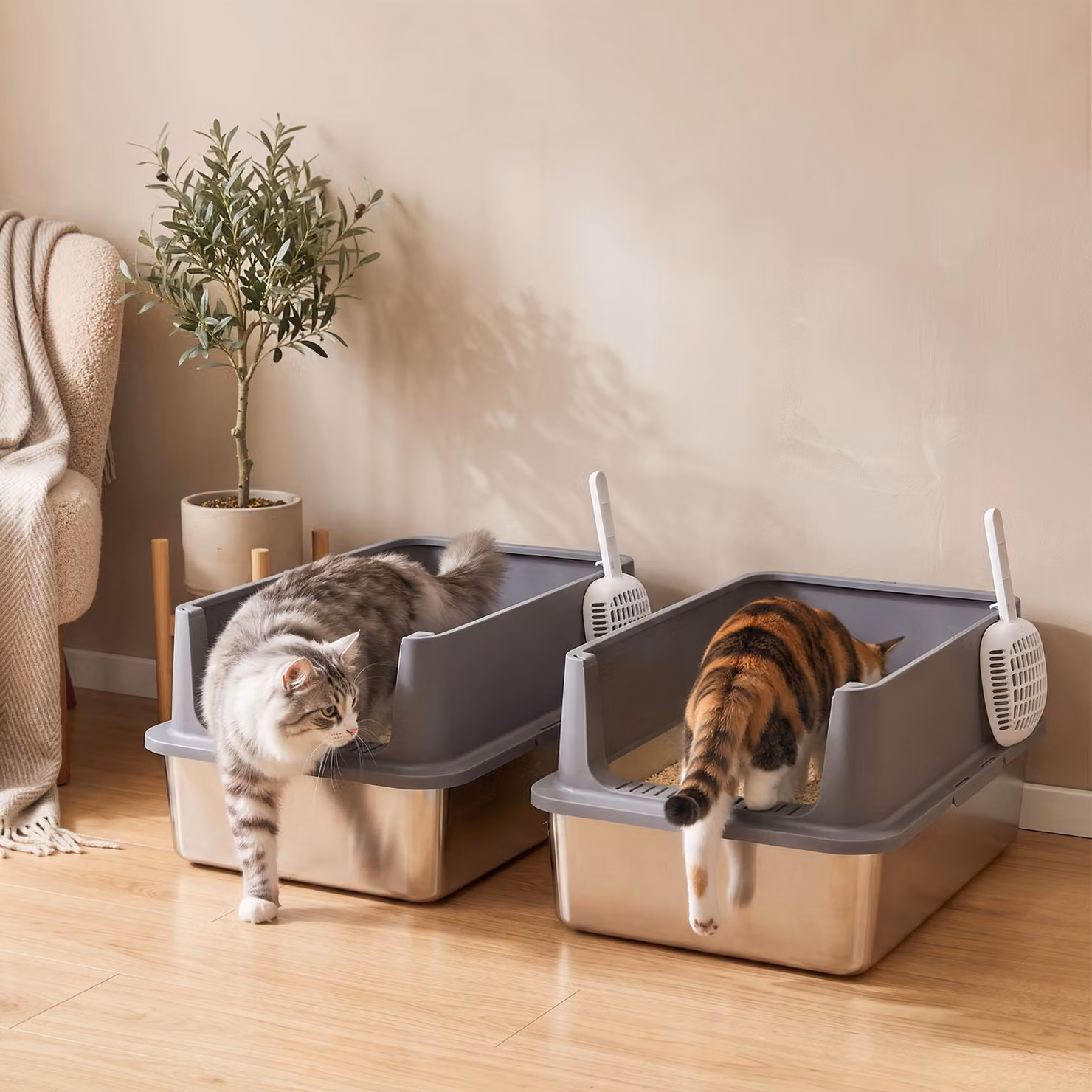 Set di 2 lettiere XL PawHut in acciaio inox con bordo alto e 2 palette, grigio scuro – 2