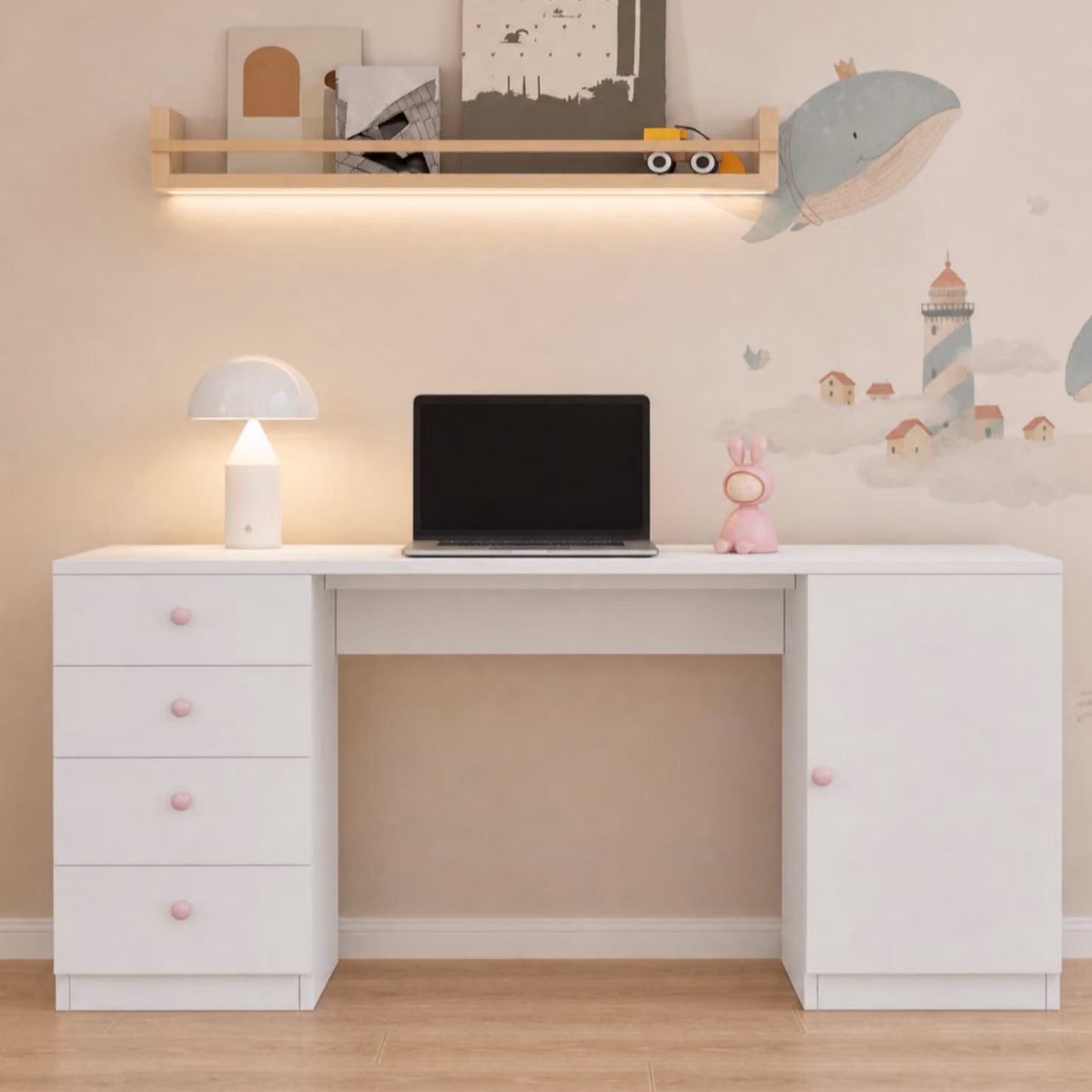 Scrivania Merax con 4 cassetti e ripiano, scrivania per bambini, scrivania per computer, scrivania da lavoro, scrivania da trucco, scrivania da ufficio, dimensioni 155x45x74 cm, colore bianco