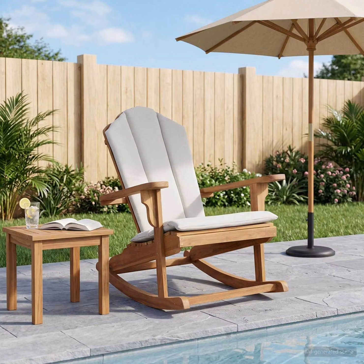 Sedia a dondolo Adirondack da giardino vidaXL in legno di teak beige con cuscini inclusi