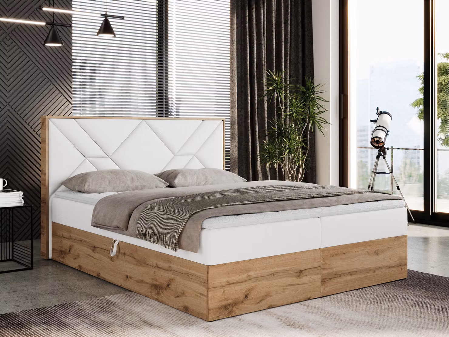 Letto boxspring 180x200 con contenitore, letto imbottito 180x200 con materasso H3, letto boxspring 180x200 con testiera, letto boxspring in legno massello - Gunar - Pelle finta bianca - H3