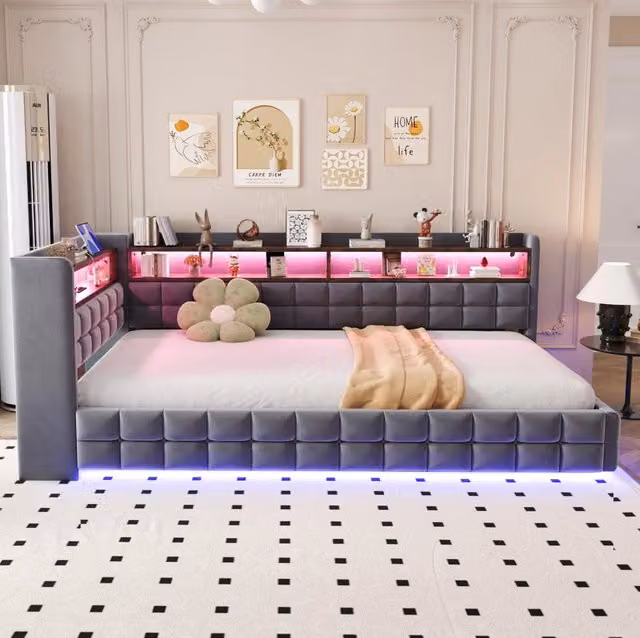 Divano letto imbottito con contenitore 90x200 cm; LED; prese USB e Tipo-C; grigio