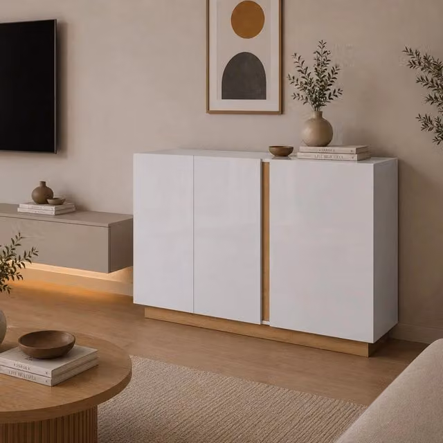 Madia Hala DMORA con 3 ripiani, design moderno, L/P/H: 138 x 40 x 91 cm, Bianco Lucido