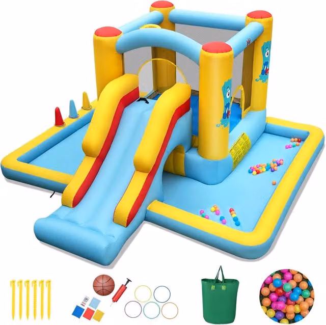 Castello Gonfiabile 7 in 1 per Bambini con Scivolo, Castello Gonfiabile con Mongolfiera, 50 Palline, Anelli e Basket, Gioco Gonfiabile da Interno ed Esterno, per Bambini da 3 a 10 Anni