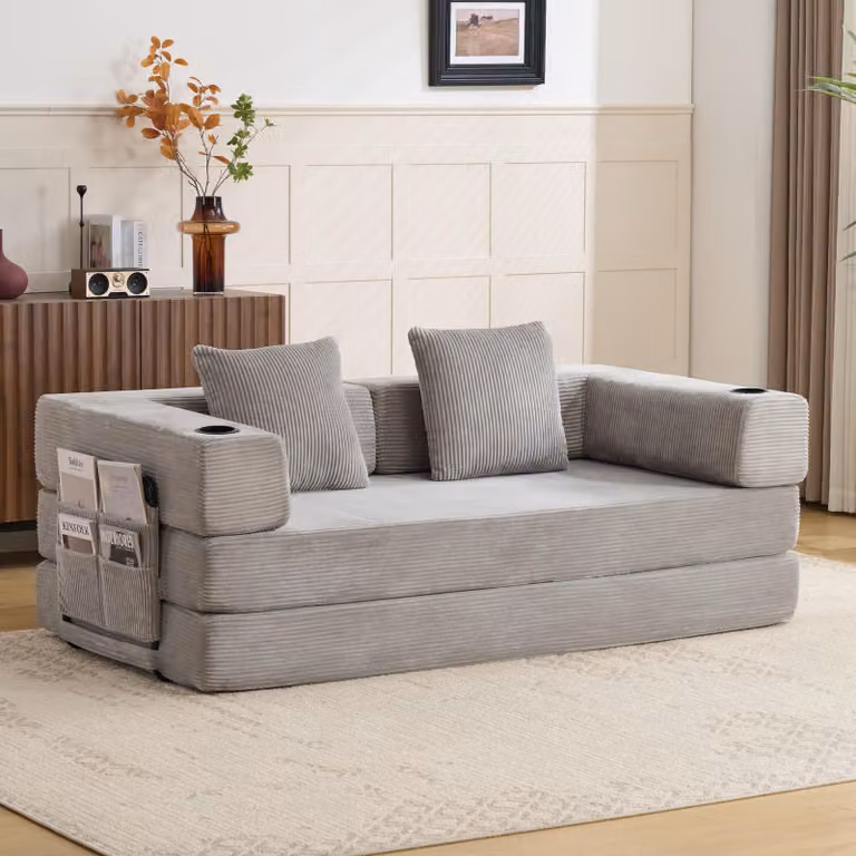 Divano a pavimento, divano componibile, trasformabile, con cuscini, braccioli, portabicchieri, tasche laterali, rivestito in tessuto corduroy, ideale per soggiorno/camera da letto. L3