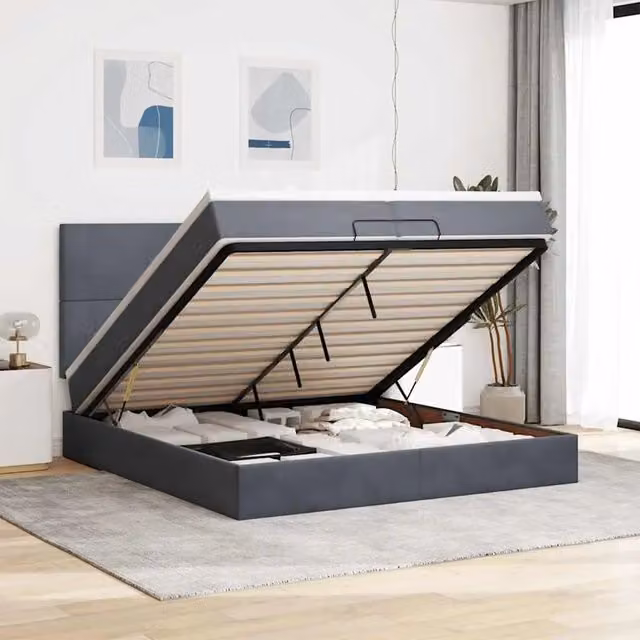 Letto con contenitore a sollevamento e pouf vidaXL in velluto con illuminazione sottostante e porta USB, L/P/H: 200 x 200 x 280 cm, Grigio e Bianco