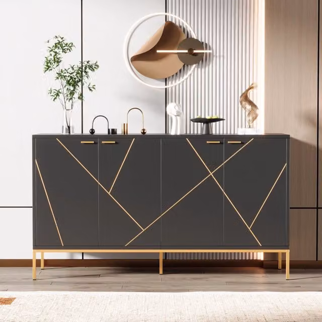 Madia moderna MIVRAY con ripiano regolabile, piedi in metallo, finitura nera e oro, L: 150 cm, P: 40 cm, H: 80 cm