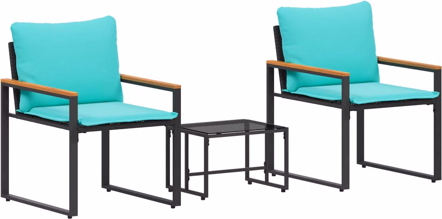Set di Mobili con cuscino 3 pcs Nero e Turchese Rattan