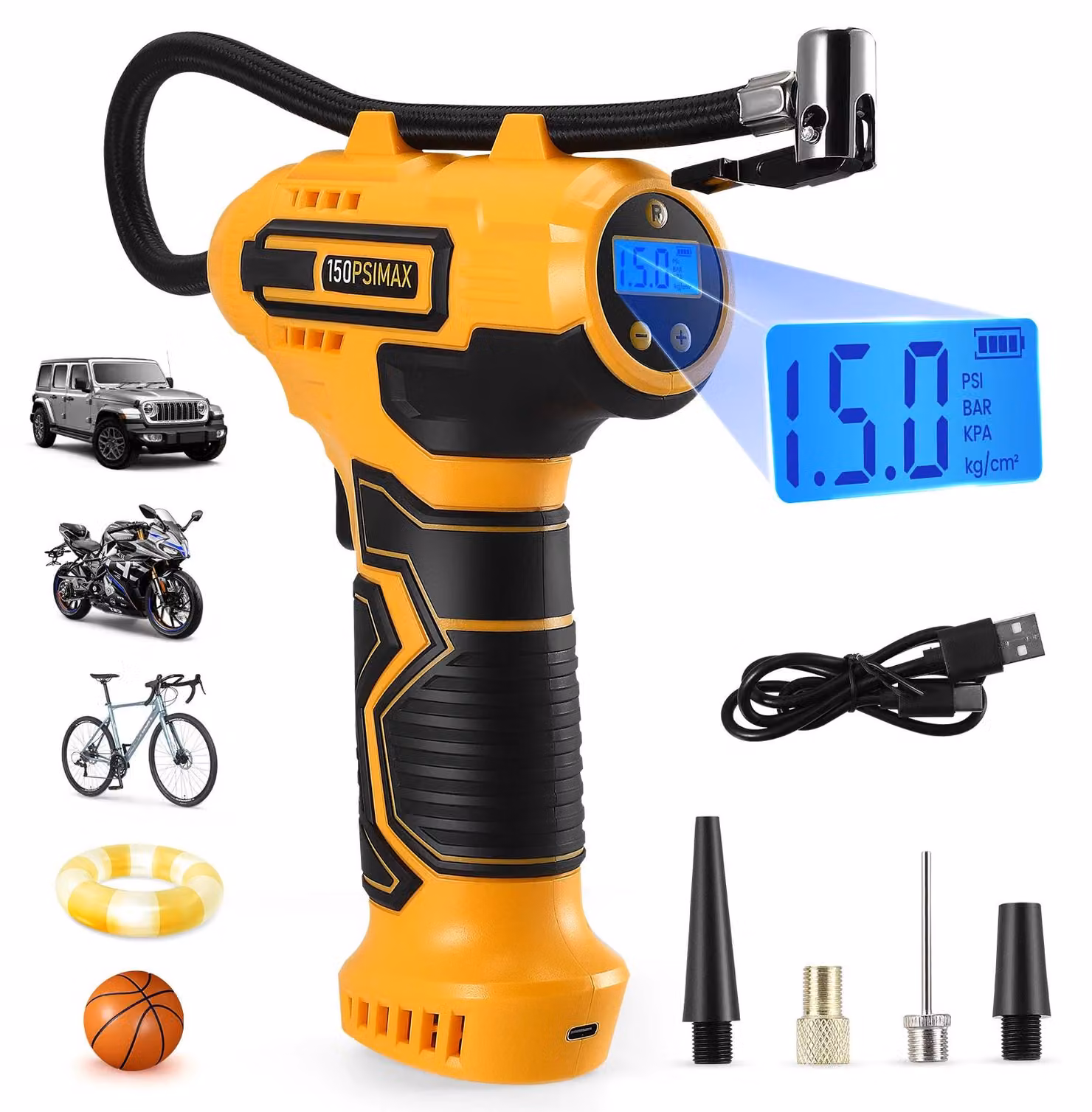 Compressore d'aria portatile - Pompa d'aria per auto senza fili - 150 PSI - 2 batterie - 4 adattatori per ugelli - Adatto per auto e motociclette - Alimentazione DC - Colore: giallo
