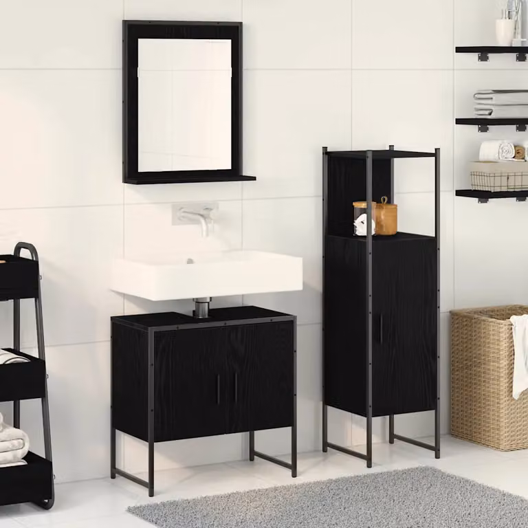 Set di mobili da bagno moderni vidaXL in 3 pezzi nero opaco, composto da mobile lavabo, armadietto con specchio e pensile, L/P/H: 60,0 x 33,0 x 113,5 cm