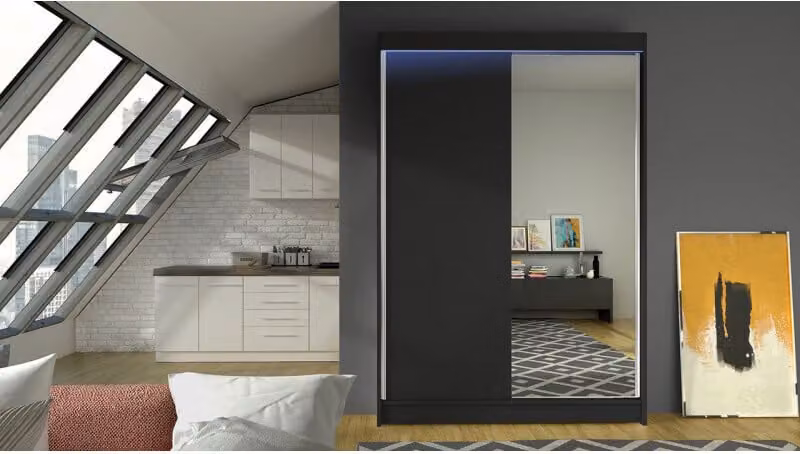 MIRJAN24 Armadio ad ante scorrevoli Lino I, con specchio, armadio del produttore (nero, con illuminazione LED RGB)