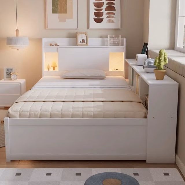 Letto singolo WISHDOR bianco con testiera contenitore, luci di lettura integrate, porta USB, ripiani e cassetti, L/P/H: 90 x 200 x 113 cm
