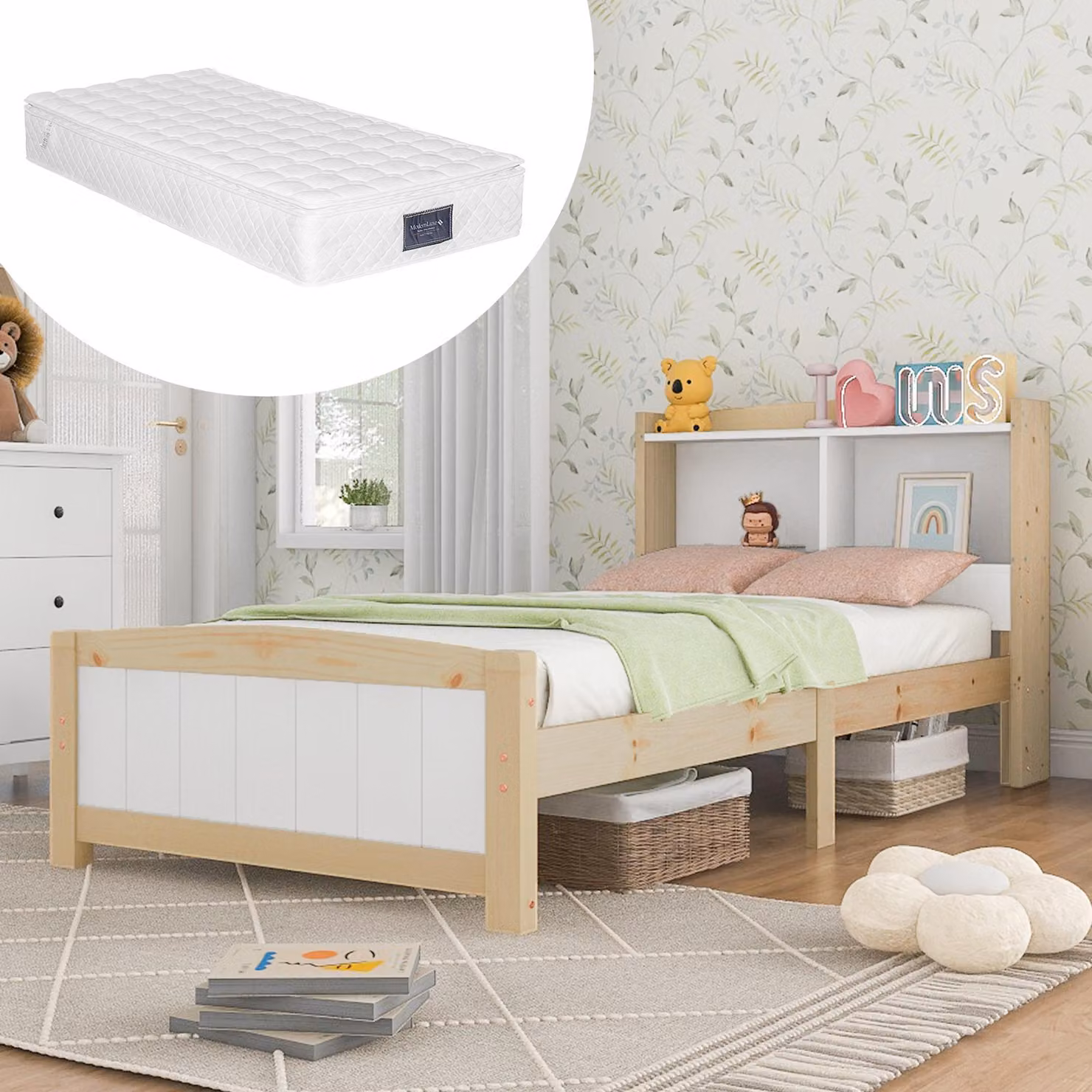 Letto singolo in legno massiccio con testiera, 90 x 200 cm, letto per bambini letto per ragazzi con materasso
